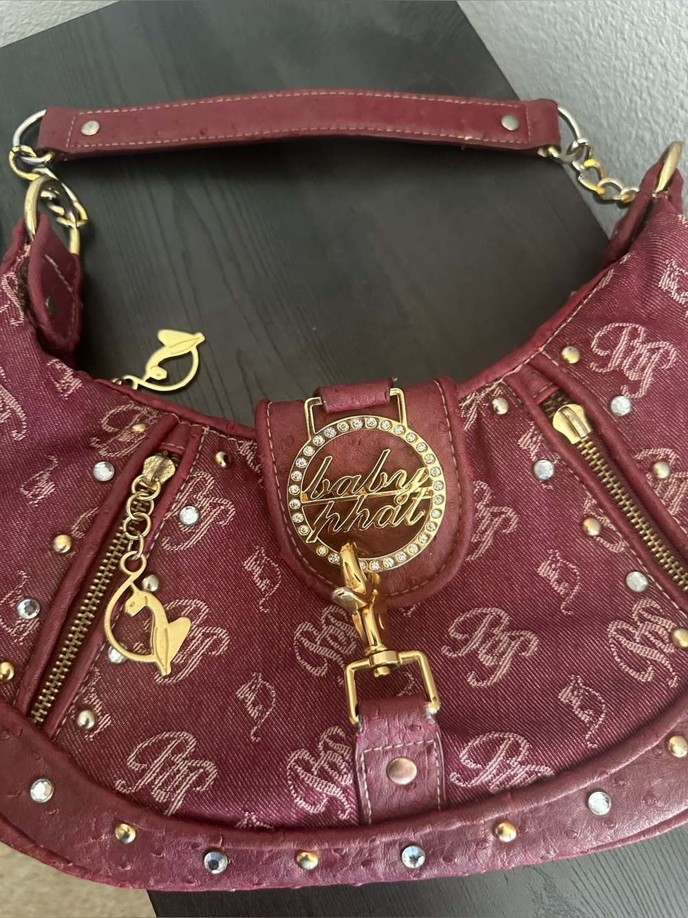 Y2K•Baby Phat Signature Ostrich Embossed Faux Leather Hobo Shoulder Bag. - Picture 15 of 15